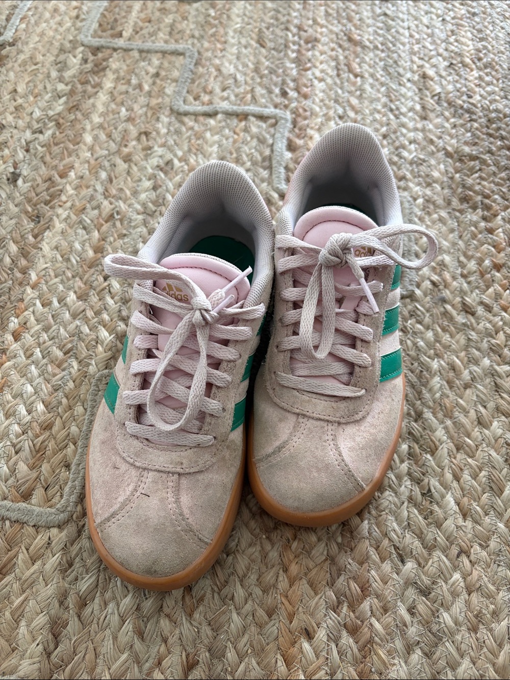 Kids Pink Suede Adidas with Green Stripes